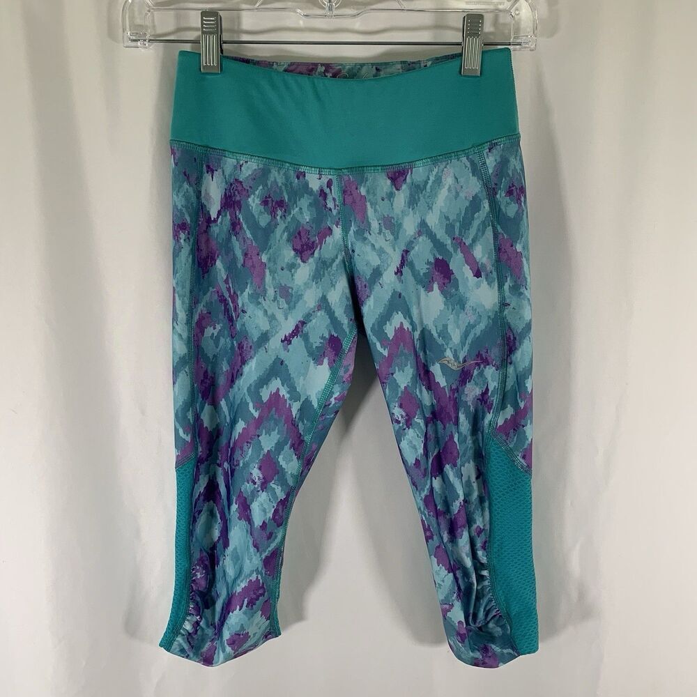 Saucony Scoot Series Leggings Womens XS Green Tie Dye Pull On Drawstring Running